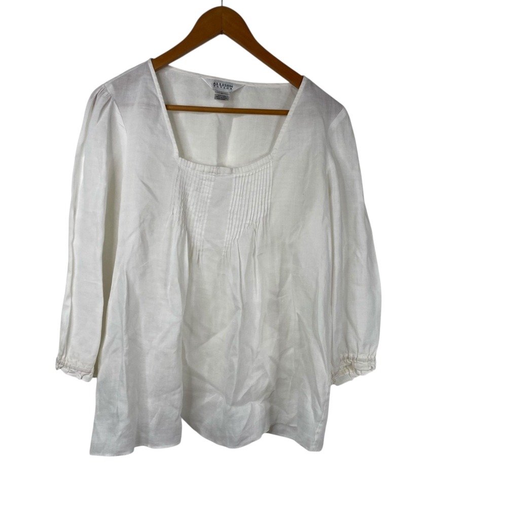 Allison Taylor Women's Linen Pintuck Clean Girl Coastal Boho Top Ivory Size L